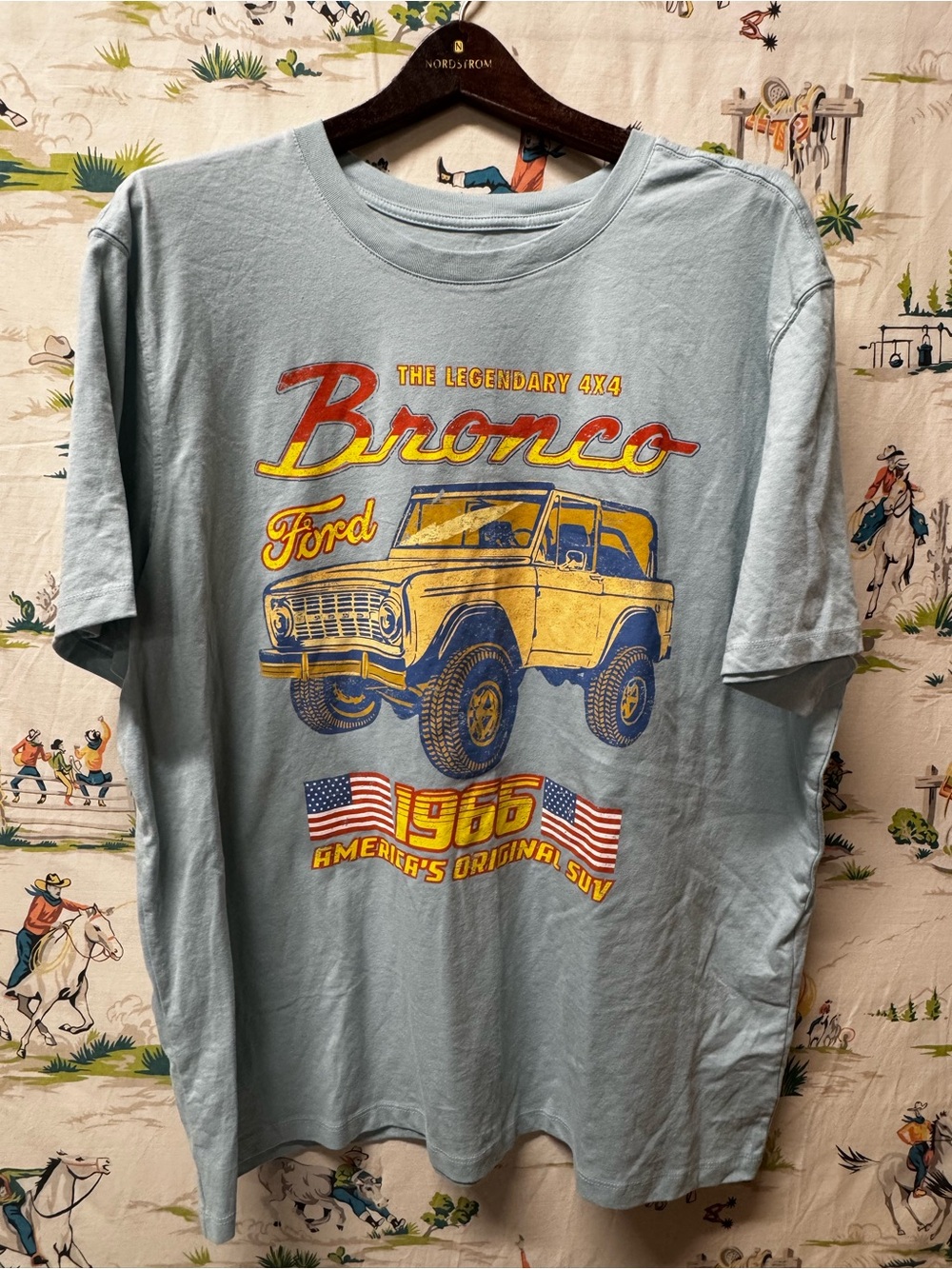 Ford Bronco Tee in Light Blue with Yellow and Red Graphic size XXL
